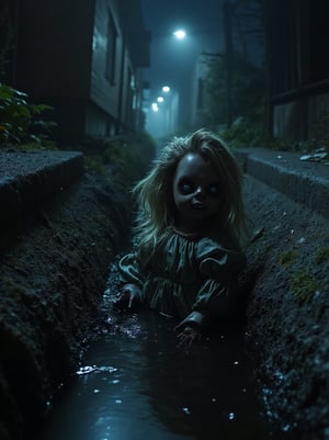 (Top realism), (Best quality), Hyper detailed photography, perfectly focused, maximum sharpness, captures the maximum realism of a sewer on a sinister road, with houses on the sides, (half the body of a creepy doll) protrudes from the sewer, intricate details in his terrifying face and his eyes, nightmare atmosphere on a perfectly lit night, cinematic style,  UHD 8k., 80horror