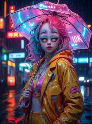 (masterpiece, artistic), (Hyper realism, ultra detailed), (top quality), a dynamic angle captures a fantastic and beautiful creature under a beautiful rain on an illuminated night. The creature has velvety and soft colorful hair, wearing a fluorescent suit with hyper-detailed colored accessories, holding an umbrella with the (text "Thanks for 10K" lighting up). The scene is rendered in maximum sharpness, HDR, and UHD 8k, showcasing the intricate details and vibrant colors of the creature, suit, and illuminated umbrella.
