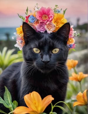 (Best quality), A (photographic shot) (Close up) of a majestic black cat ((made completely of flowers)), (Composite and flower skull), perfect contrast, (ultra detailed), (hdr resolution), a wild environment is shown and with vegetation, with exotic tropical plants that shine in neon tones, rock formations in the distance. (Beautiful natural lighting) at dusk. The camera used is a high resolution DSLR with a 100mm macro lens to capture every detail of the flower petals. The photograph is (taken at a dynamic angle), with a (sharp focus) on its bright colors and the captivating landscape that surrounds it.