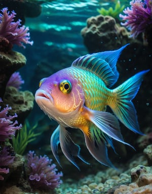 (Best quality) ,A photographic shot of a beautiful Chinese neon fish swimming in a fantasy aquarium. The fish, with vibrant colors ranging from electric blue to bright green, gracefully glides through a magical aquatic environment. The aquarium is decorated with exotic underwater plants that glow in neon hues, crystalline rock formations, and small bubbles slowly rising to the surface. The lighting in the aquarium is soft and ethereal, with purple and turquoise tones enhancing the colors of the fish and its surroundings. The camera used is a high-resolution DSLR with a 100mm macro lens to capture every minute detail of the fish's scales and fins. The shot is taken at the fish's eye level, with a sharp focus on its bright colors and the captivating underwater landscape around it