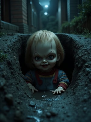 (Top realism), (Best quality), Hyper detailed photography, perfectly focused, maximum sharpness, captures the maximum realism of a sewer on a sinister road, with houses on the sides, (half the body of a creepy doll) protrudes from the sewer, intricate details in his terrifying face and his eyes, nightmare atmosphere on a perfectly lit night, cinematic style,  UHD 8k., 80horror