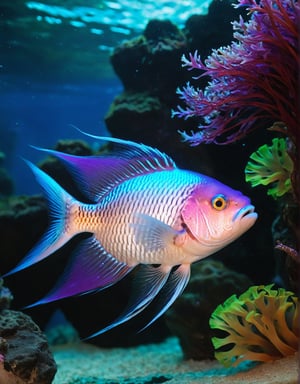 (Best quality) ,A photographic shot of a beautiful Chinese neon fish swimming in a fantasy aquarium. The fish, with vibrant colors ranging from electric blue to bright green, gracefully glides through a magical aquatic environment. The aquarium is decorated with exotic underwater plants that glow in neon hues, crystalline rock formations, and small bubbles slowly rising to the surface. The lighting in the aquarium is soft and ethereal, with purple and turquoise tones enhancing the colors of the fish and its surroundings. The camera used is a high-resolution DSLR with a 100mm macro lens to capture every minute detail of the fish's scales and fins. The shot is taken at the fish's eye level, with a sharp focus on its bright colors and the captivating underwater landscape around it