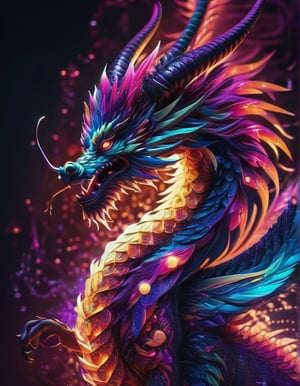 (Best quality), a majestic chinese dragon made of fractal forms, ((Astract style)), neons lights, (shiny lines), striking lighting, hyper details textures, hyper detailed skin, perfect contrast, 8k res.