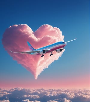 fantastic photograph, close up of a (realistic airplane flying) in of a precious heart shaped clouds, pink sky blue gradient, realistic sunset, heavenly majestic heart, ultra detailed textures sky , , (best quality), ultra high resolution, (ultra sharp), (valentine style), fantasy art,outline,cloud that looks like,more detail XL
