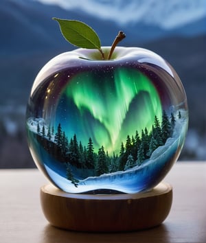 high quality, 8K Ultra HD, aurora scenery inside an apple made of crystal, by yukisakura, high detailed,, best quality, ultra high resolution, detailed, raw photo, (ultra sharp) ,more detail XL,DonM3l3m3nt4lXL,arrstyle