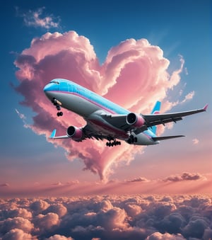 fantastic photograph, close up of a (realistic airplane flying) in of a precious heart shaped clouds, pink sky blue gradient, realistic sunset, heavenly majestic heart, ultra detailed textures sky , , (best quality), ultra high resolution, (ultra sharp), (valentine style), fantasy art,outline,cloud that looks like,more detail XL