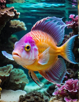 (Best quality) ,A photographic shot of a beautiful Corazón sangrante (Lamprocapnos spectabilis), with vibrant colors ranging from electric colors, (perfect contrast), (ultra detailed), (hdr resolution), gracefully glides through a magical aquatic environment. The aquarium is decorated with exotic underwater plants that glow in neon hues, crystalline rock formations, and small bubbles slowly rising to the surface. The lighting in the aquarium is soft and ethereal, with purple and turquoise tones enhancing the colors of the fish and its surroundings. The camera used is a high-resolution DSLR with a 100mm macro lens to capture every minute detail of the fish's scales and fins. The shot is taken at the fish's eye level, with a sharp focus on its bright colors and the captivating underwater landscape around it