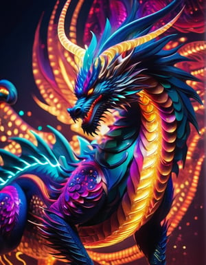 (Best quality), a majestic chinese dragon made of fractal forms, ((Astract style)), neons lights, (shiny lines), striking lighting, hyper details textures, hyper detailed skin, perfect contrast, 8k res.