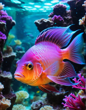 (Best quality) ,A photographic shot of a beautiful Corazón sangrante (Lamprocapnos spectabilis), with vibrant colors ranging from electric colors, (perfect contrast), (ultra detailed), (hdr resolution), gracefully glides through a magical aquatic environment. The aquarium is decorated with exotic underwater plants that glow in neon hues, crystalline rock formations, and small bubbles slowly rising to the surface. The lighting in the aquarium is soft and ethereal, with purple and turquoise tones enhancing the colors of the fish and its surroundings. The camera used is a high-resolution DSLR with a 100mm macro lens to capture every minute detail of the fish's scales and fins. The shot is taken at the fish's eye level, with a sharp focus on its bright colors and the captivating underwater landscape around it