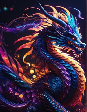 (Best quality), a majestic chinese dragon made of fractal forms, ((Astract style)), neons lights, (shiny lines), striking lighting, hyper details textures, hyper detailed skin, perfect contrast, 8k res.