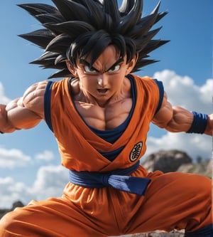 Hyper detailed photograph taken in "action" with Canon PowerShot G7 x Mark III, (dynamic pose), character from the "Dragon Ball" series Goku, (hyper realistic skin), in super warrior mode, ultra realistic style, realistic cinema lighting, (looking towards the sky), perfect contrast colorful, ultra sharp, professional focus, more detail XL,dragon ball