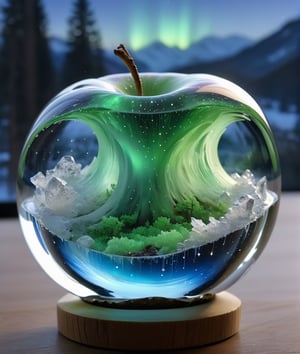 high quality, 8K Ultra HD, aurora scenery inside an apple made of crystal, by yukisakura, high detailed,, best quality, ultra high resolution, detailed, raw photo, (ultra sharp) ,more detail XL,DonM3l3m3nt4lXL,arrstyle