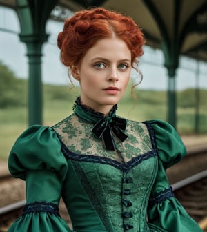 woman, full lips, red hair, nature radiant eyes, melanie thierry, wearing a green victorian dress, dark blue , Nikon D850, 85mm lens, ((train station theme)), (masterpiece), ((ultra detailed)), (highly detailed CG illustration), (deadpan), (best quality: 1.2), texture of high quality, intricate details, detailed texture, high quality shadow, cinematic light