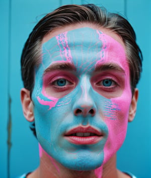 Photograph of a weird man, (shot on Kodak Ektar 100), in the ((style of dot glitch)), anti-realism, (neon pink + blue), style raw, stylized, nijidefinition detailed realism, detailed, skin texture, hyper detailed, realistic skin texture, facial features, armature, best quality, ultra high resolution, detailed, raw photo, ultra sharp 