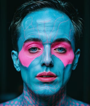 Photograph of a weird man, (shot on Kodak Ektar 100), in the ((style of dot glitch)), anti-realism, (neon pink + blue), style raw, stylized, nijidefinition detailed realism, detailed, skin texture, hyper detailed, realistic neon skin texture, facial features, armature, best quality, ultra high resolution, detailed, raw photo, ultra sharp 