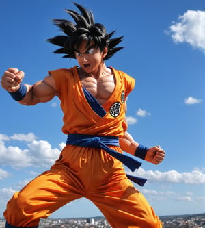 Hyper detailed photograph taken in "action" with Canon PowerShot G7 x Mark III, (dynamic pose), character from the "Dragon Ball" series Goku, (hyper realistic skin), in super warrior mode, ultra realistic style, realistic cinema lighting, (looking towards the sky), perfect contrast colorful, ultra sharp, professional focus, more detail XL,dragon ball