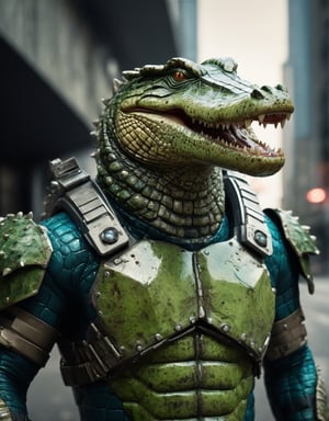 (hyper-detailed photographic Portrait) of a futuristic crocodile soldier with an (ultra-realistic appearance), (Enhancer textures), (Enhancer anatomy), the crocodile has green scales and a fierce expressionin with metallic futuristic armor, Distressed and damaged appearance, signs of struggle, (Marvel style), in a dystopian urban setting, (vivid colors), (perfect contrast), (better lightning),cinematic style,more detail XL