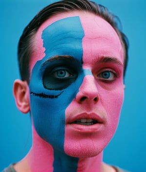 Photograph of a weird man, (shot on Kodak Ektar 100), in the ((style of dot glitch)), anti-realism, (neon pink + blue), style raw, stylized, nijidefinition detailed realism, detailed, skin texture, hyper detailed, realistic skin texture, facial features, armature, best quality, ultra high resolution, detailed, raw photo, ultra sharp 