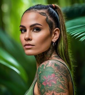 portrait of an woman with tattos, in lush rainforest, bold and energetic colors, urban clothe , Nikon D850, 85mm lens, ((Nature theme)), (masterpiece), ((ultra detailed)), (highly detailed CG illustration), (deadpan), (best quality: 1.2), texture of high quality, intricate details, detailed texture, high quality shadow, cinematic light