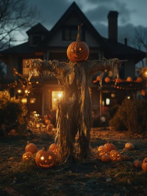 (masterpiece, artistic), (hyperrealism, ultra detailed), (premium quality), At dusk, nailed to the ground in the shape of a cross, stands a detailed and realistic scarecrow, with a creepy smiling pumpkin head, with intricate details in the suit of old hoops, 20 meters from a sinister house decorated for Halloween, the colors vibrate ultra-realistically. Focus with maximum sharpness, HDR and UHD 8k, 80horror