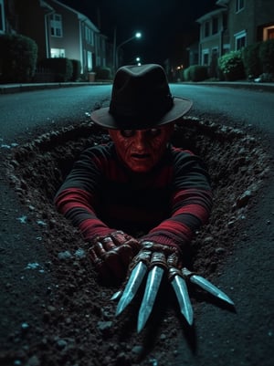 (Top realism), (Best quality), Hyper detailed photography, perfectly focused, maximum sharpness, captures the maximum realism of a sewer on a sinister road, with houses on the sides, (half the body of ("Freddy Krueger" of Elm Street) protrudes from the sewer), intricate details in his terrifying face and his glove of large knives, nightmare atmosphere on a perfectly lit night, cinematic style,  UHD 8k., 80horror