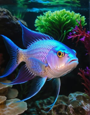 (Best quality) ,A photographic shot of a beautiful Chinese neon fish swimming in a fantasy aquarium. The fish, with vibrant colors ranging from electric blue to bright green, gracefully glides through a magical aquatic environment. The aquarium is decorated with exotic underwater plants that glow in neon hues, crystalline rock formations, and small bubbles slowly rising to the surface. The lighting in the aquarium is soft and ethereal, with purple and turquoise tones enhancing the colors of the fish and its surroundings. The camera used is a high-resolution DSLR with a 100mm macro lens to capture every minute detail of the fish's scales and fins. The shot is taken at the fish's eye level, with a sharp focus on its bright colors and the captivating underwater landscape around it