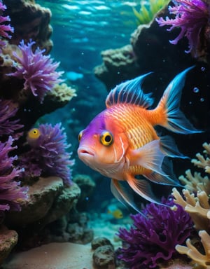 (Best quality) ,A photographic shot of a beautiful (Chinese neon fish) swimming in a fantasy aquarium. The fish, with vibrant colors ranging from electric colors, (perfect contrast), (ultra detailed), (hdr resolution), gracefully glides through a magical aquatic environment. The aquarium is decorated with exotic underwater plants that glow in neon hues, crystalline rock formations, and small bubbles slowly rising to the surface. The lighting in the aquarium is soft and ethereal, with purple and turquoise tones enhancing the colors of the fish and its surroundings. The camera used is a high-resolution DSLR with a 100mm macro lens to capture every minute detail of the fish's scales and fins. The shot is taken at the fish's eye level, with a sharp focus on its bright colors and the captivating underwater landscape around it