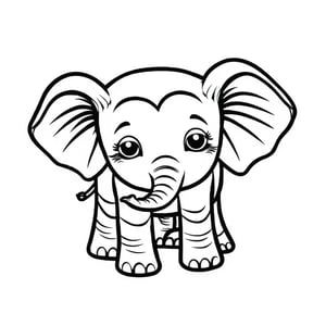 cute baby Elephant image in coloring page line art style, no color, only black line art on white background