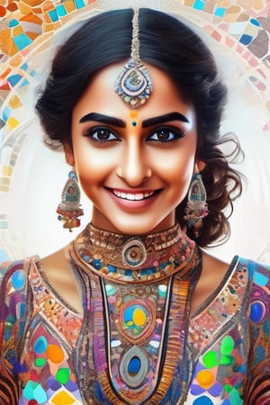 Flawless portrait of a beautiful india woman smiling and wearing an intricate mosaic glass flowy dress,simple white background,realistic hyperdetailed face,hyperdetailed eyes,flowy hair with neon glow elements,colorful rendition,8k,hyperdetailed portrait,Yulia Brodskaya,Gustav Klimt style,dfdd,photo r3al