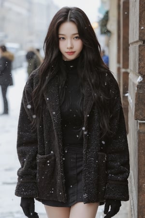 1girl, hip up body, miniskirt, jacket, hairstyle, on paris street corner, winter, snow floating, snow on hair, snow on clothes, looking at viewer, ultra detailed, beautiful face, natural lighting, 2D artstyle, best quality, masterpiece, aespakarina, straight camera angle, noise effect, blurring effect,