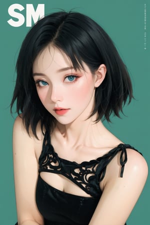 lustful, allure, sexy, 1girl, thigh up body, detailed beautiful face, detailed beautiful eyes, looking at viewer, translucent, intricate clothes, cutout clothes, cinematic lighting, different hairstyle, magazine cover, green background, sim, kmiu