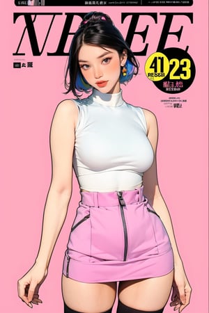 1girl, looking at viewer, styled clothes, turtle neck shirt, sleeveless, zipped mini skirt, thighhighs, hairstyle, sharp focus, magazine cover, coloful background, 2D artstyle, outline, chimai,