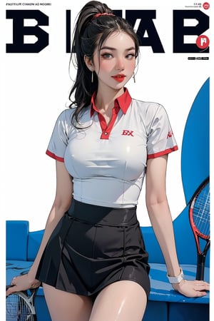 1girl, tennis girl outfit, thigh up body, standing, looking at viewer, detailed clothes, earrings, magazine cover, chimai