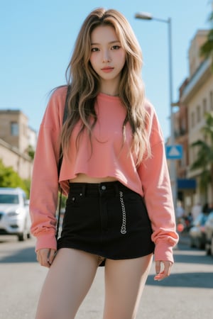 1girl, thigh up body, kpop idol, croptop, miniskirt, standing, on street, detailed clothes, looking at viewer, ultra detailed, beautiful face, natural lighting, magazine cover, 2.5D artstyle, best quality, masterpiece, aespakarina, straight camera angle,