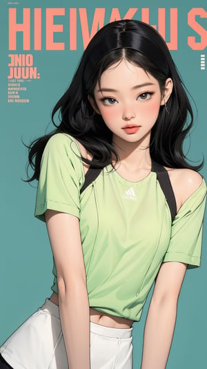 1girl, standing, thigh up body, hairband, ((looking at viewer, tennis girl outfit,)) 2D artstyle, magazine cover, outline, earings, blush, green background, hairstyle, ultra detailed, best quality, sharp focus, kmiu,sim,haohaoulz,aespawinter,huondey,seolhuyn,jennie