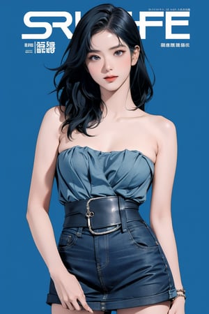 1girl,  looking at viewer, detailed clothes, ((strapless shirt,)) miniskirt, accurate color reproduction, best quality, professionally color graded, artwork, blurring effect, professional lighting, sanatw, magazine cover, blue background, jisoo