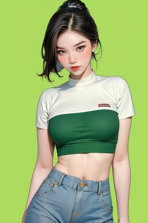 1girl, thigh up body, detailed clothes, kpop idol, hairstyle, croptop, trouser, looking at viewer, sharp focus, magazine cover, green background, ((outline,)) chimai, aespakarina,sanatw