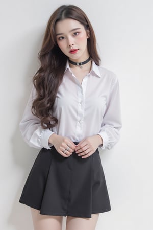 portrait, 1girl, thigh up, light make up, styled shirt, skirt, piercing, looking at viewer, make up, choker, hairstyled, white background, highres, accurate color reproduction, sharp focus, 
aespakarina, chimai,Enhanced all,charcoal \(medium\),yuongg,hine,hakil,haoulz