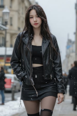 1girl, thigh up body, miniskirt, stocking, leather jacket, hairstyle, on paris street corner, winter, snowing, snow on hair, snow on clothes, looking at viewer, ultra detailed, beautiful face, natural lighting, 2D artstyle, best quality, masterpiece, aespakarina, straight camera angle, noise effect, blurring effect,