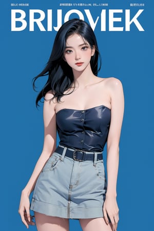 1girl,  looking at viewer, detailed clothes, ((strapless shirt,)) miniskirt, accurate color reproduction, best quality, professionally color graded, artwork, blurring effect, professional lighting, sanatw, magazine cover, blue background, jisoo