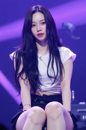 1girl, thigh up body, kpop idol, styled shirt, dark purple straight hair, on stage, detailed clothes, looking at viewer, ultra detailed, beautiful face, natural lighting, magazine cover, 2.5D artstyle, best quality, masterpiece, aespakarina, straight camera angle, white lighting, noise picture,