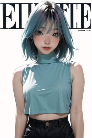 1girl, looking at viewer, styled clothes, turtle neck croptop, sleeveless, hairstyle, sharp focus, magazine cover, coloful background, 2D artstyle, outline, 

chimai,hine,hakil,yuong01