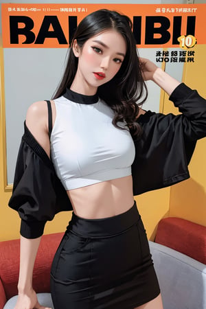 colorful theme, 1girl, singer, idol, looking at viewer, dynamic composition, standing,  styled croptop, skirt, cut out clothes, ultra detailed, best quality, sharp focus, natural lighting, magazine cover, aespakarina,chimai