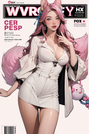 1girl, looking at viewer, thigh up body, standing, detailed clothes, earrings, magazine cover, ahri, pink hair, fox tails, fox ears, chimai, 