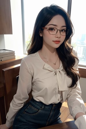 ((styled clothes, looking straight at viewer,)) necklace, eyeglasses, 1girl, ultra detailed, best quality, sharp focus, natural lighting, huondey,