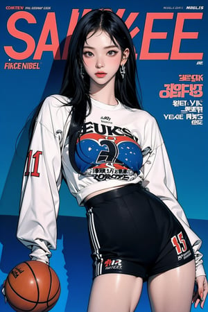 1girl, ((basketball girl outfit,)) thigh up, detailed clothes, earrings, looking at viewer, aespakarina, magazine cover,