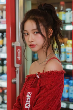 1girl, looking at viewer, styled shirt, off shoulder, detailed clothes, ultra detailed, profesional lighting, magazine cover, convenience store, soda cabinet, 7elenven, photorealistic, coke advertisement,

aespakarina, chimai