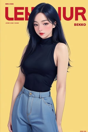 1girl, hip up, standing, looking at viewer, detailed clothes, styled cutout turtleneck shirt, sleeveless, accurate color reproduction, best quality, magazine cover, jisoo,chimai,miyeon,aespakarina,hakil,QA,sim