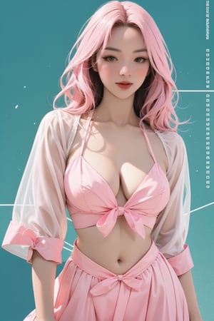 lustful, allure, sexy, 1girl, pink hair, thigh up body, ((detailed beautiful face,)) detailed beautiful eyes, looking at viewer, translucent, intricate clothes, cutout clothes, navel cutout, cinematic lighting, different hairstyle, magazine cover, green background, sim