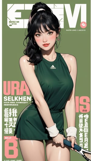 1girl, standing, thigh up body, ((looking at viewer, tennis girl outfit, center opening,)) 2D artstyle, magazine cover, outline, earings, blush, green background, hairstyle, ultra detailed, best quality, sharp focus, ,DiaSondef,sophiesw,Mia ,Anna ,mthanhh,minatw,momo